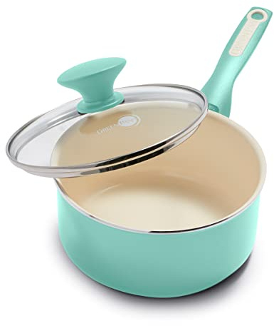 GreenPan Rio Healthy Ceramic Nonstick 2QT Saucepan with Lid, PFAS-Free, Dishwasher Safe, Turquoise