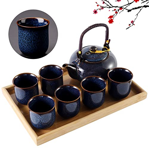 DUJUST Juego de té japonés para 6, juego de té de porcelana de esmalte alterado en el horno con 1 tetera, juego de té chino único para adultos/amantes del té/mujeres/hombres, azul oscuro