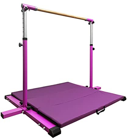 GLANT Gymnastic Kip Bar,Horizontal Bar for Kids Girls Junior,3' to 5' Adjustable Height,Home Gym Equipment,Ideal for Indoor and Home Training,1-4 Levels,300lbs Weight Capacity (Purple MAT)