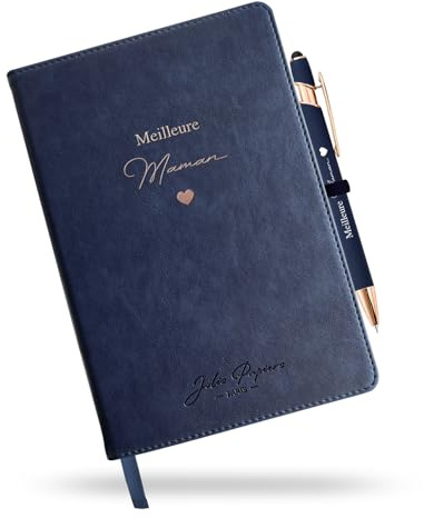 Jolis Papiers | A5 anteckningsbok och penna 2 i 1 med matchande penna, 184 vita sidor, linjerad, konstläder. Billigt presenttips (A5 marinblå (set om 1), bästa mamma)