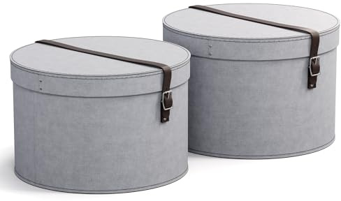 Bigso Box of Sweden RUT Lot de 2 boîtes de rangement avec couvercle - Boîte de rangement ronde avec lanières en cuir - Grandes et petites boîtes à chapeaux en panneau de fibres et papier aspect lin -