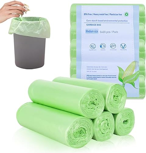 Lot de 5 rouleaux de 100 sacs poubelle biologiques - 10 l - Sacs poubelle compostables pour cuisine, salon, bureau, maison, jardin