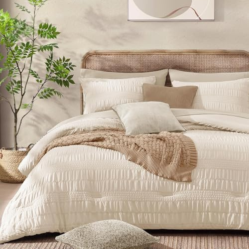 CASAAGUSTO Set di biancheria da letto Queen size, 7 pezzi, in tessuto seersucker, beige, morbido, per tutte le stagioni, set di biancheria da letto con piumone, lenzuolo piatto, lenzuolo con angoli, 2