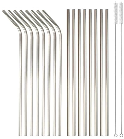 16 Pcs Reusable Stainless Steel Straws, Metal Drinking Straws, Bent & Straight Straws with 2 Cleaning Brush for Cocktail, Milkshake, Cold/Hot Drinks
