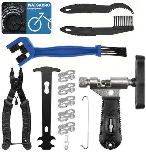 WATSABRO Kettennieter Fahrrad mit Fahrrad Reinigungsbürste, Kettenschloss Zange, Kettenzange und 5 Paar Fahrradketten Nieten,Fahrradkette Werkzeug Set für 6-12 Fach