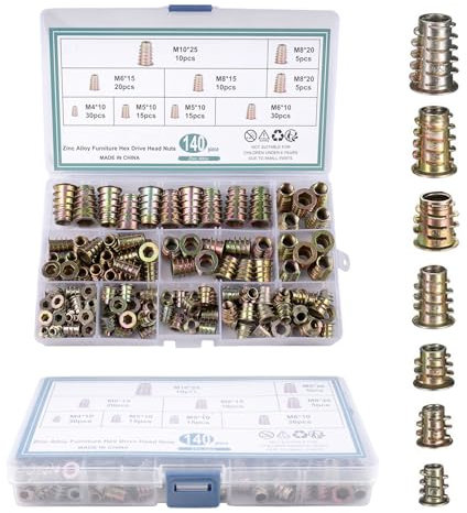 milaosk 140 Piezas Tuercas para Madera M4 M5 M6 M8 M10 Insertos Roscados Madera Tuerca Hexagonal de Aleación de Zinc Tuerca Atornillada Tuercas Roscadas para Muebles de Madera