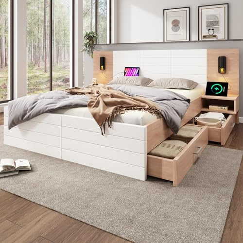 Merax Holzbett Doppelbett Bettanlage mit 2 Nachtkommoden, Funktionsbett mit Kopfteil Leselicht & Ladefunktion, Stauraumbett mit 2 Schubladen, stabil Lattenrost, Eiche/Weiß, 180×200cm, Ohne Matratze
