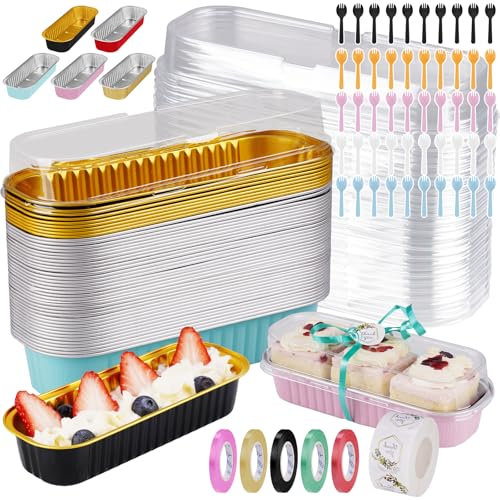 NiHome 50PCS Mini Loaf Tins 5 Colors with Clear Lids, Mini Loaf Cake Cases for Baking, Family Gathering, Outdoor Picnic, Includes 50 Lids 50 Spoons 5 Ribbons 500 Stickers