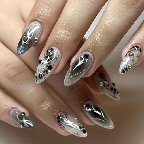 Mrltau 24 pezzi Press on Nails Almond, unghie finte nere, da incollare, unghie in gel da incollare, unghie artificiali da incollare, bastone su unghie, unghie