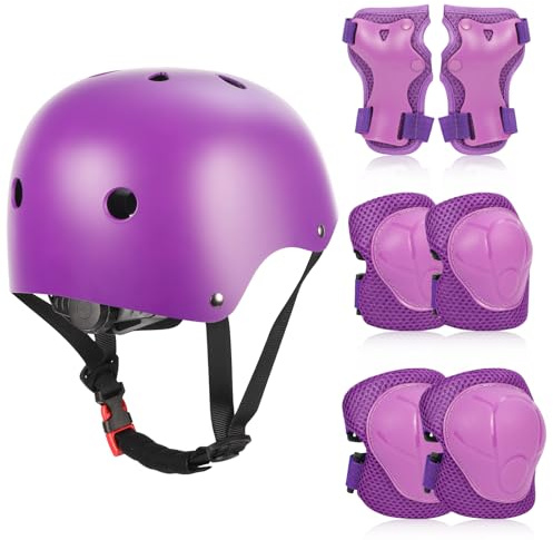 ZWOOS Protezioni Skateboard Bambino,Protezioni Bici Bambino con Casco Regolabile Ginocchiere Gomitiere, Protezioni Skateboard Bambini per Skateboard,Bicicletta,Pattinaggio, Monopattino (viola)