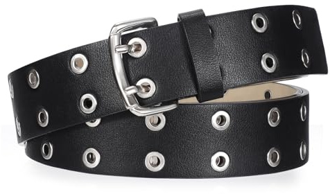 JASGOOD Ceinture à double œillet en cuir PU, ceinture punk pour femmes et hommes, pour jeans, 2 trous, largeur 1,5 pouces