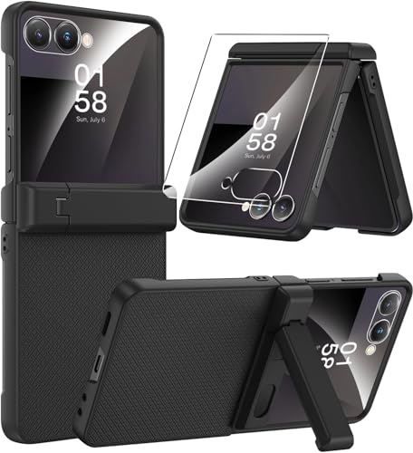 Miimall Handyhülle für Samsung Galaxy Z Flip 7 Hülle mit Scharnierschutz & Ständer & Displayschutz, Matt Hard Stoßfest rutschfest Schutzhülle Dünn Slim Thin Bumper Cover für Z7 Flip7 5G Case Schwarz