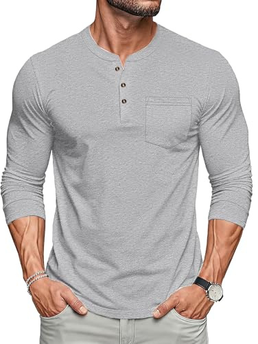 MAGCOMSEN Men's Long Sleeve Cotton T-Shirt Breathable Henley T Shirts | Lightweight Casual Shirts, Moisture-Wicking Tops with Pocket, Ideal for Spring, Autumn & Winter