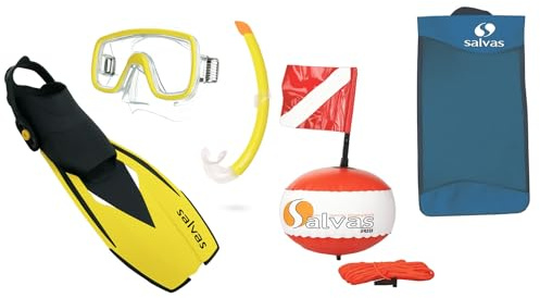 Salvas Sub Ultimate Set Snorkeling S/M - Maschera Snorkeling + Boccaglio Tubo Snorkel + Pinne Regolabili 36/41 + Boa di Segnalazione con Bandierina - Kit Snorkeling, Apnea ed Immersioni (Giallo)