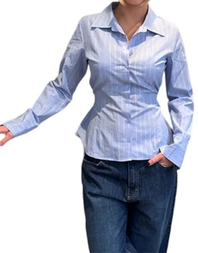 CocMouse Women's Striped Button Down Shirts Ruched Slim Fit Solid Color Lapel Collar Long Sleeve Blouse Y2k Office Work Tops
