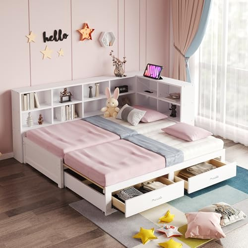 SACOOL Sofá de madera maciza 90/180 x 190 cm, con cama extensible, con compartimento de almacenamiento, enchufe europeo multifuncional, cajones, somier, cama individual multifuncional, blanco