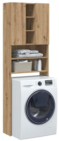 Runheo Armario para lavadora, roble Artisan, 64 x 25,5 x 190 cm, con 4 compartimentos, ahorra espacio para lavadora y secadora en el baño o lavandería para almacenamiento organizado