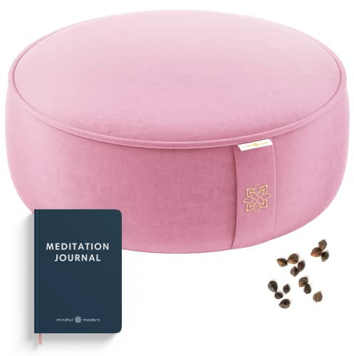 Mindful & Modern Velvet Meditation Cushion | Luxe Zafu Yoga Floor Pillow Seat | Posture Support | Buckwheat Hull Filled | Large Round Cushion with Removable Washable Cover + Carry Handle | Color Pink