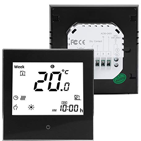 Plyisty Thermostat d'ambiance de chauffage, contrôle intelligent du chauffage central, thermostat d'ambiance numérique programmable hebdomadaire avec écran tactile LCD, blanc/noir 3A (noir)