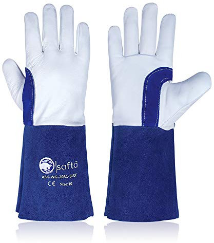 SAFTA Spark and Heat Proof Gloves, Sheep leather Palm & Top with Cow Split Leather Cuff, AZO free Ideal TIG Welding Gloves, Perfect for Gardening, Soldering, Metal Handling. (Size 10, Blue)