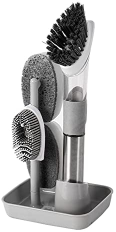 SacJkt Spülbürste mit Spülmittelspender, Abwaschbürste mit 4 Ersatzkopf und Spülbecken Organizer, Reinigungsbürste Schwammköpfen Set, Küchenbürste für Topf, Pfanne, Spüle (Grau)