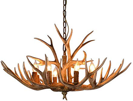 WSIKGHU ljuskrona med 6 socklar, harts, horn-design, ljuskrona, horn, lampa ,vind, bar, taklampa, E14 × 6, retro, tak, pendellampa, LED-pendellampa, lämplig för dekoration av vardagsrum, bar, matsal