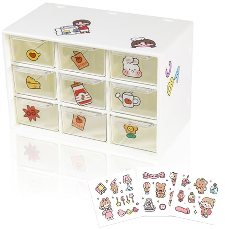 HMIEPRS Piccole Scatola di Plastica da Scrivania con Cassetto Trasparente, 3 Strati 9 Cassetti Organizzatore con Adesivo Carino Adatto per Riporre Cosmetici, Gioielli, Cancelleria Artigianale (Bianco)