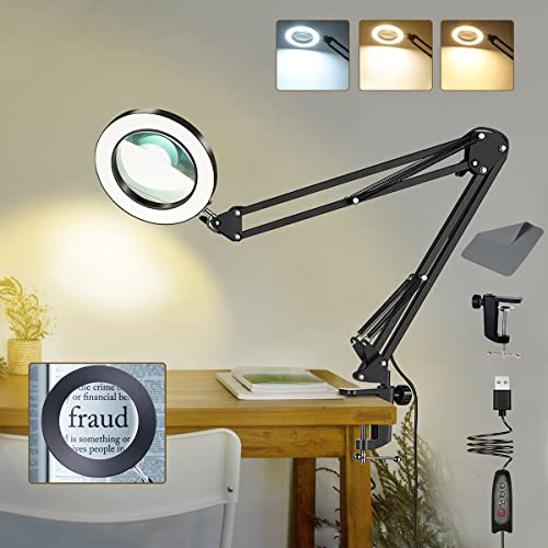 VUEJIC 10X Magnifying Glass with Light,3 Color Modes Stepless LED Dimmable Lighted Magnifying Glasses for Hobbies,4.3 Real Glass Magnifier Lamp with Clamp Adjustable Arm for Close Work (Black)