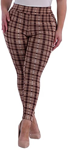 ShoSho Womens Plus Size High Waist Skinny Pants Tummy Control Butt Lifting Pull On Trousers Leggings Stretchy Pants with Pockets Plaid Print Brown/Beige 2X