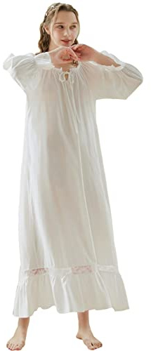 aromm Mujer Algodón Victoriano Camisón Adorno de Encaje Longitud Total Manga Larga Elástico Vestido de Dormir Blanco, M