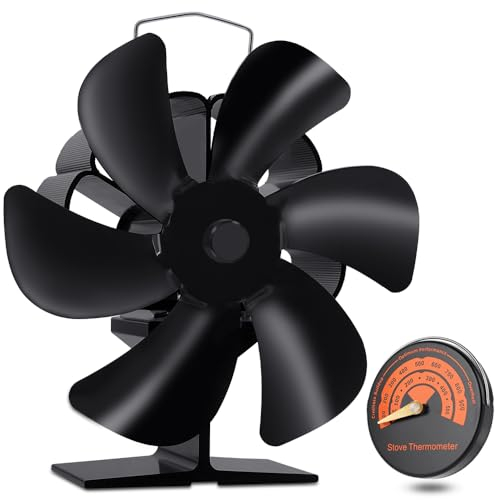 MIVITOOM Ventilator mit 6 Flügeln und Thermometer, Mini-Ofenventilator, wärmebetrieben, für Holzofen, leiser Betrieb, umweltfreundliche Zirkulation für Holzbrenner/Kamin