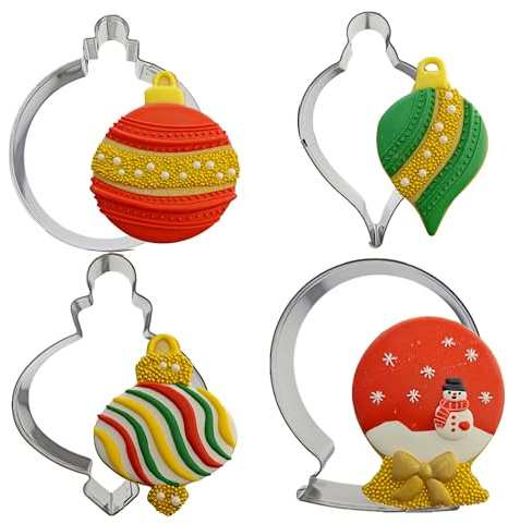 Large Christmas Ornaments Cookie Cutters, 4Pcs Winter Holiday Cutter Molds Size from 4 to 4.25 Snow Globe,Round Ornament,Teardrop Bauble, Finial Ornaments Shapes,Stainless Steel