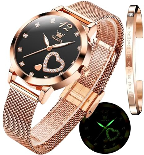 OLEVS Donna Orologio Regali Set con Bracciale Oro Rosa per Donna Minimalista Semplice Slim Sottile Casual Analog Quartz Orologi Da Polso Impermeabile Due Tono