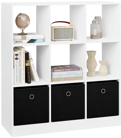 WOLTU Libreria Blanca, Estanteria Almacenaje, 9 Cubos y 3 Cajones Tela no Tejida, Estanteria Libros, Mueble Almacenaje para Salón u Oficina, 80x30x86,5 cm, SK041ws