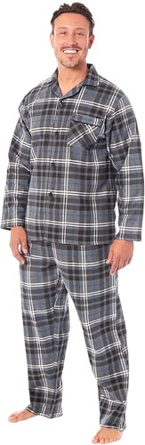 BRANDBUYS Mens Traditional Button Up Pyjama Set Winter Warm Flannel Thermal 100% Cotton napped Flannelette M L XL XXL Gifts for Him (UK, Alpha, L, Regular, Regular, Check - Grey)