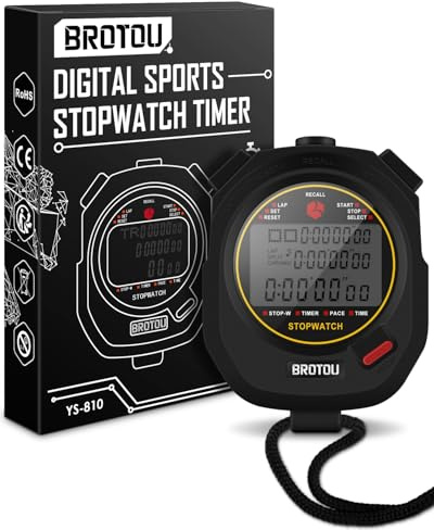 BROTOU Professional Digital Sports Stopwatch - 10 Laps/Splits Timer with Clock, Countdown, Calendar & Alarm, Multi-Function Handheld Stopwatch for Fitness Training, Coaches, Referees