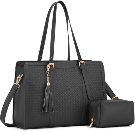 Sac fourre-tout pour ordinateur portable de 15,6, sac fourre-tout de travail en cuir synthétique tissé à la main pour femme, sac fourre-tout de grande capacité avec pochette pour entreprise, travail,