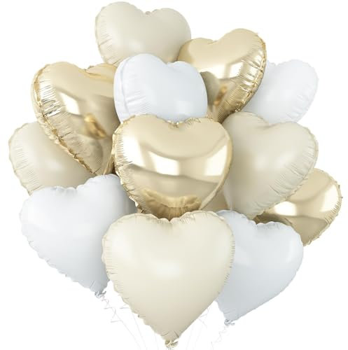 Cream White Heart Balloons,12Pcs Sand White Gold Heart Shaped Foil Balloons,18Inch Beige Helium Polyester Film Balloon for Boho Baby Shower Birthday Bridal Shower Wedding Party Decorations