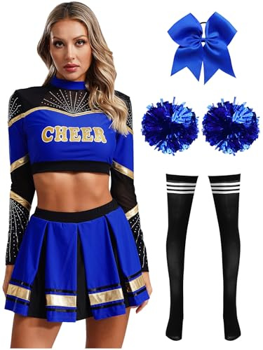 inhzoy Damen Cheerleading Kostüm High School Cheer Leader Rock Langarm Crop Top Pompons 2er/4er/5er Set Halloween Karneval Kostüm Blau&Schwarz-Strümpfe S