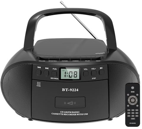 Bärbar boombox med Bluetooth, CD, kassett, USB-uppspelning, AM/FM-radio, fjärrkontroll, AC/batteridriven för hem- och utomhusbruk