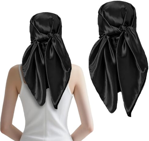 YAWYO Pañuelo negro para la cabeza, pañuelo cuadrado grande de satén para mujer, pañuelo negro de seda para envolver el cabello y dormir por la noche.