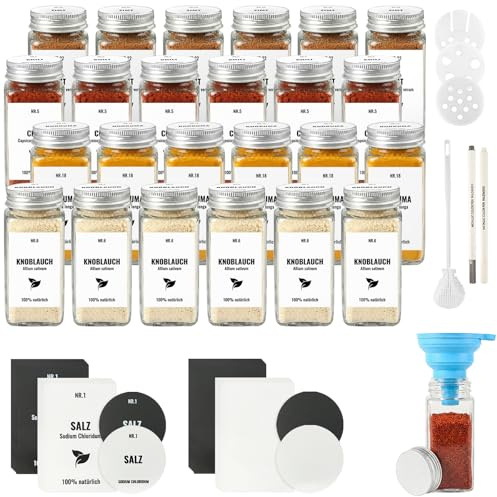 JAECU 24 Piezas Botes Especias Cristal con Tapa de Aluminio, 120ml Frascos Especiarias Vidrio, Aptos para Cajones y Armarios de Cocina (Blanco plateado)