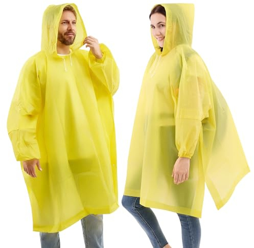 DZTSMART 2 stycken regnponcho festival, full ärm regnjacka dam, regnrock herr, vattentät poncho, EVA bärbar unisex regncape för överlevnad, cykel, vandring, camping, stadion, GUL, one size