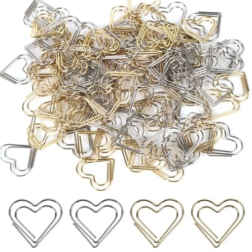 100 Pz Graffetta in Metallo, Piccole Graffette a Forma di Cuore, Fermagli per Carta Argento e Oro, Graffette Ufficio, Cancelleria Ufficio Segnalibri per Libro, Paper Clips per Memo Biglietti Foto
