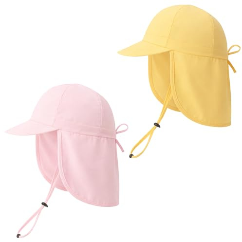 ViEinkaufen 2 Pcs Baby Toddler Sun Hat, Cotton Sun Protection Kids Hat, Girls & Boys Summer Cap with Adjustable Chin Strap Neck Flap, Beach Hats for Unisex Child 1-3 Years Multicolour