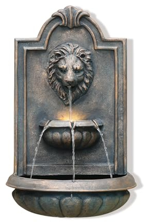 Sunlinua Garden Lion-Style Wall-Mounted Water Feature, 70cm 3-Tier Outdoor Garden Waterfall with LED Light and Electric Pump for Patio, Balcony, and Outdoor Décor, Resin (Black & Gold)