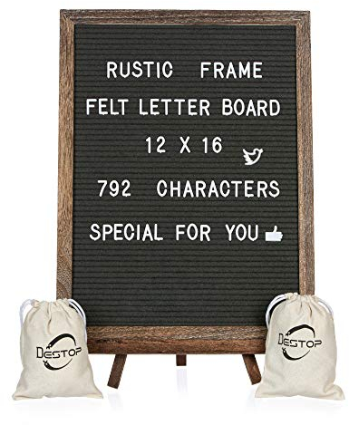 Felt Letter Board with Rustic Vintage Frame and Stand 12x16 inch, Dark Grey Changeable Letter and Message Board Includes 792 Letters, Numbers and Symbols, Hook to Hang, 2 Canvas Bags