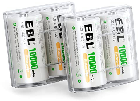 EBL 4PCS Piles Rechargeables D/ LR20 10000mAh, Lot de 4 Piles Twpe D/ LR20/ Baby D 1,2V NI-MH Batteries Rechargeables, Faible Auto-décharge et Longue Vie