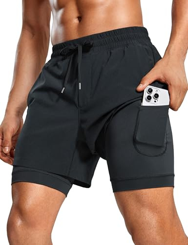 CRZ YOGA Mens 2 in 1 Long Liner Shorts 5 - Lined Running Quick Dry for Workout Gym Basketball Athletic with Pockets Black Large