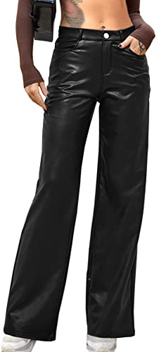 Navneet Women Faux Leather Pants PU High Waist Straight Leg Pants with Pockets Leather Leggings Bell Bottom Flare Pants, Black, M